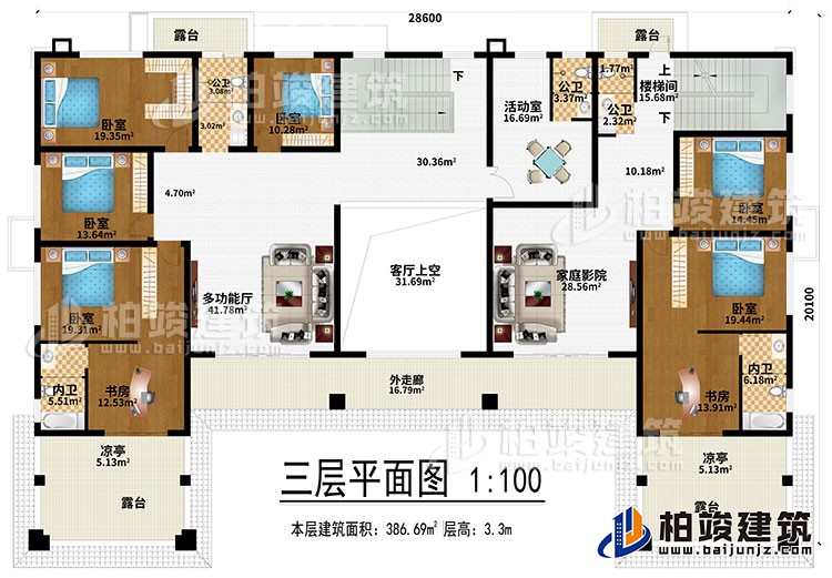 三层：多功能厅、客厅上空、家庭影院、6卧室、2书房、活动室、3公卫、2内卫、4露台、2凉亭、外走廊、楼梯间